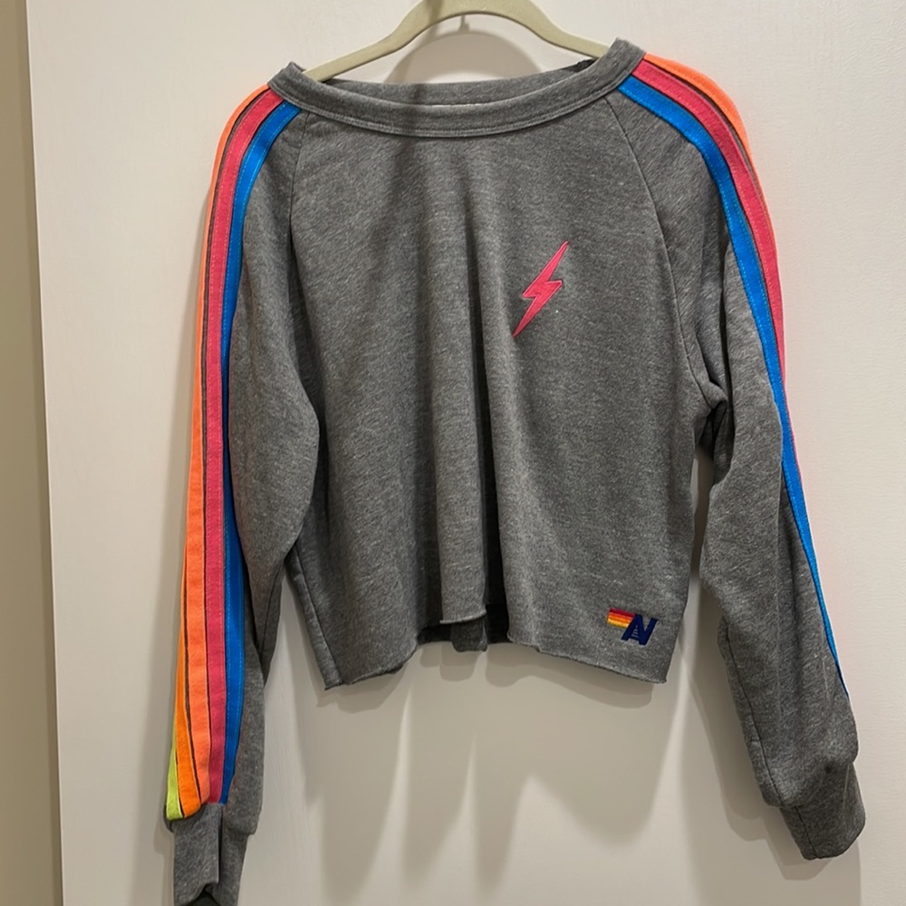 Aviator Nation Bolt Classic Cropped Sweatshirt Grey//Neon Stripes (SZ M)